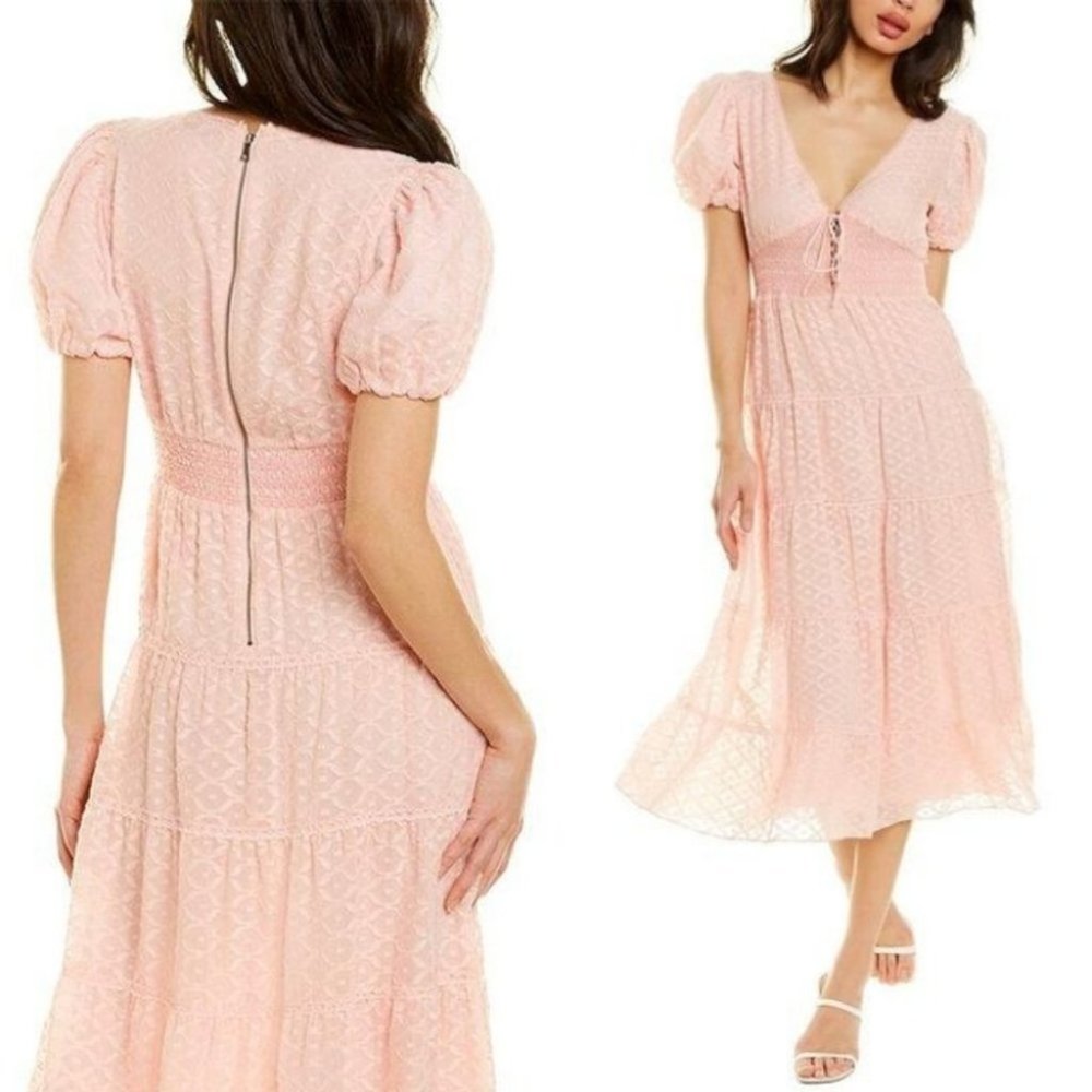 NWT! Alice + Olivia TIA Punk Puff Sleeve Midi Dress English Rose Size 4